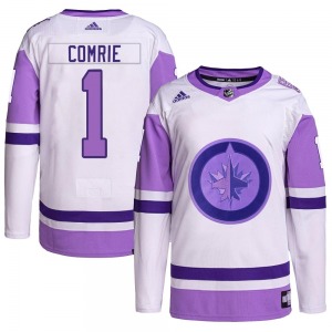 Eric Comrie Winnipeg Jets Adidas Authentic White/Purple Hockey Fights Cancer Primegreen Jersey