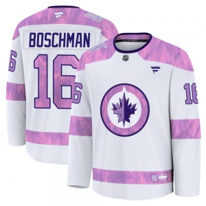 Youth Laurie Boschman Winnipeg Jets Fanatics Premium White 2024 Hockey Fights Cancer Practice Jersey