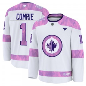 Youth Eric Comrie Winnipeg Jets Fanatics Premium White 2024 Hockey Fights Cancer Practice Jersey