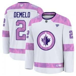 Youth Dylan DeMelo Winnipeg Jets Fanatics Premium White 2024 Hockey Fights Cancer Practice Jersey