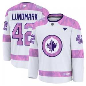 Youth Simon Lundmark Winnipeg Jets Fanatics Premium White 2024 Hockey Fights Cancer Practice Jersey