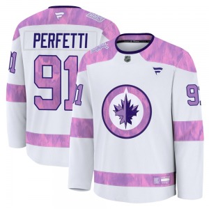 Youth Cole Perfetti Winnipeg Jets Fanatics Premium White 2024 Hockey Fights Cancer Practice Jersey