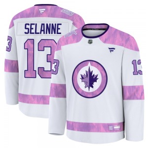 Youth Teemu Selanne Winnipeg Jets Fanatics Premium White 2024 Hockey Fights Cancer Practice Jersey