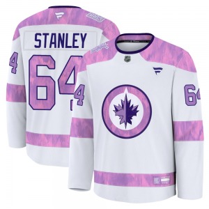 Youth Logan Stanley Winnipeg Jets Fanatics Premium White 2024 Hockey Fights Cancer Practice Jersey