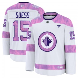 Youth C.J. Suess Winnipeg Jets Fanatics Premium White 2024 Hockey Fights Cancer Practice Jersey