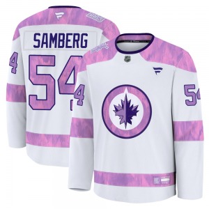 Dylan Samberg Winnipeg Jets Fanatics Premium White 2024 Hockey Fights Cancer Practice Jersey